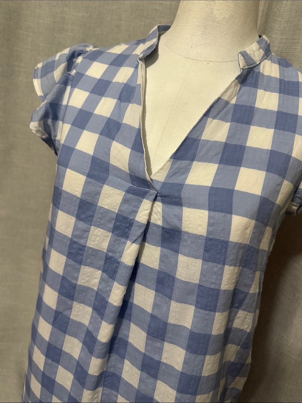 Like New-THML Dresz-Blue & White Gingham Check-Cotton/Rayon Blend-S-Lined-V Neck - Picture 2 of 14